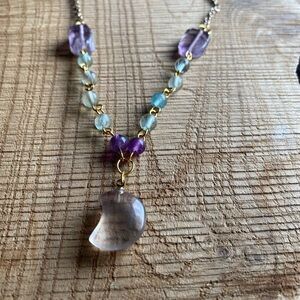 Elegant Purple and Green Fluorite & Amethyst Gemstone Moon Necklace